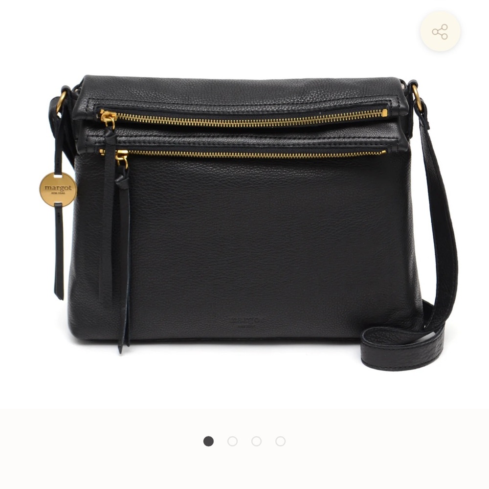 margot Black Pebbled Leather Crossbody with Gold Zippers